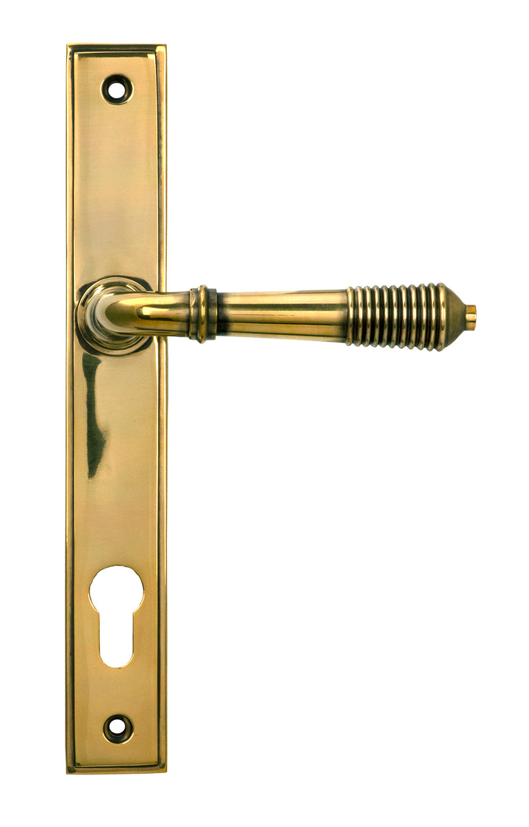Aged Brass Reeded Slimline Lever Espag. Lock Set